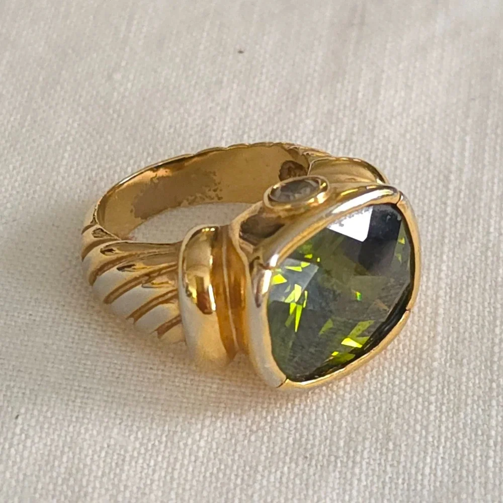 Vintage Sterling 925 Gold Tone Chunky Ring Green Faceted Glass Stone PAS Size 8